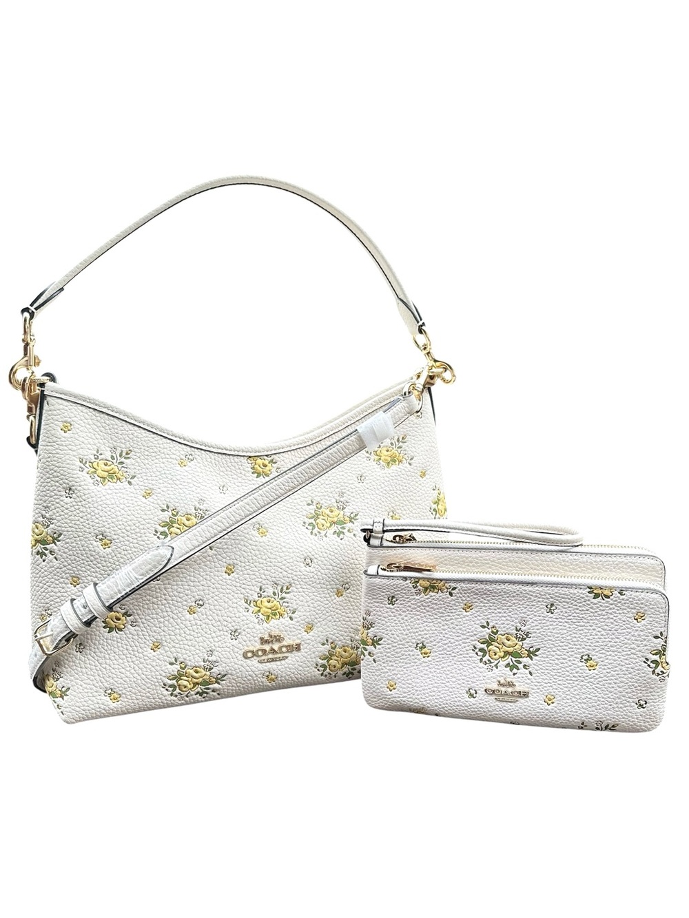 COACH White Laurel Leather Floral Shoulder Bag & CAY51 Double Zip Wristlet Set